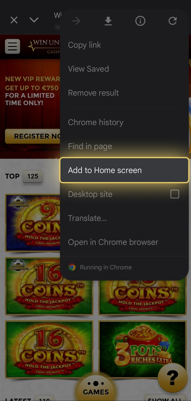 Find the button to add Win Unique Casino to your Android home screen.
