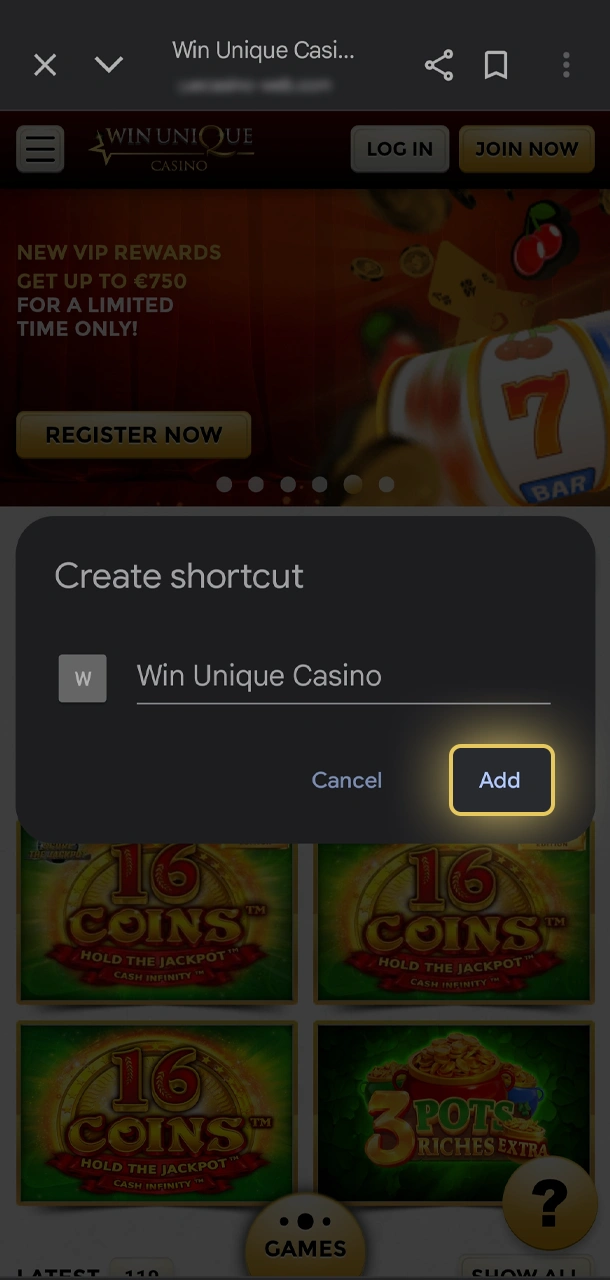 Confirm the addition of the Win Unique Casino app to your Android device.
