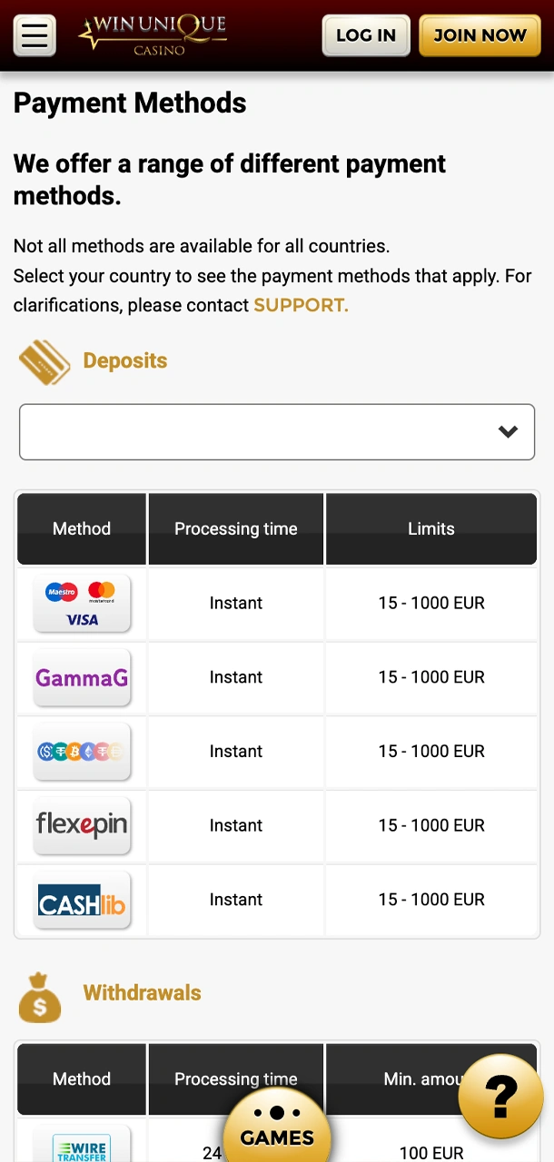 Manage your finances in the Win Unique Casino app.
