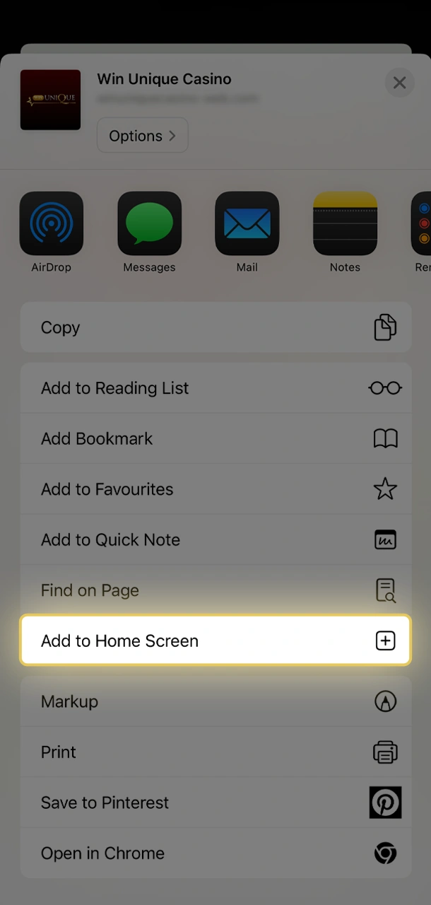 Add Win Unique Casino to your iPhone home screen for quick access.