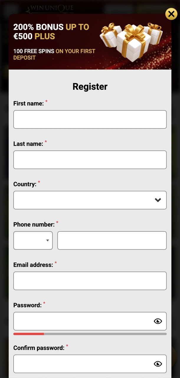 Register at Win Unique Casino directly from the app.