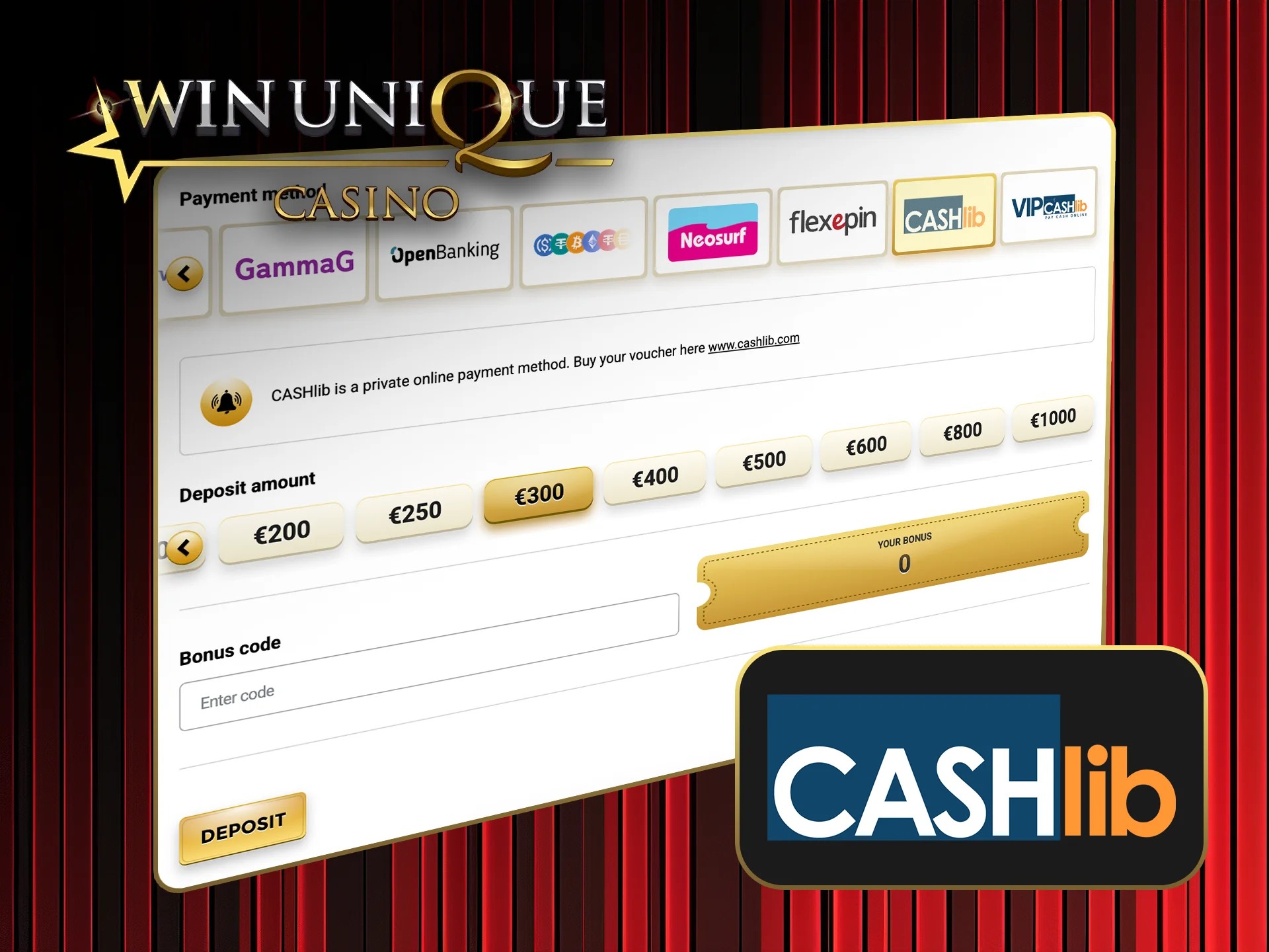 Choose CashLib for prepaid deposits on Win Unique Casino.