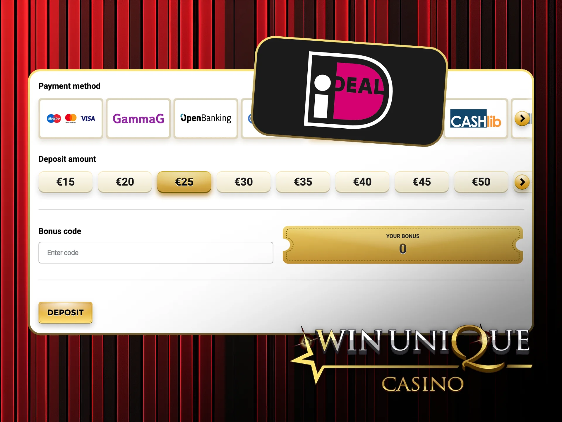 Play securely using iDeal on Win Unique Casino.