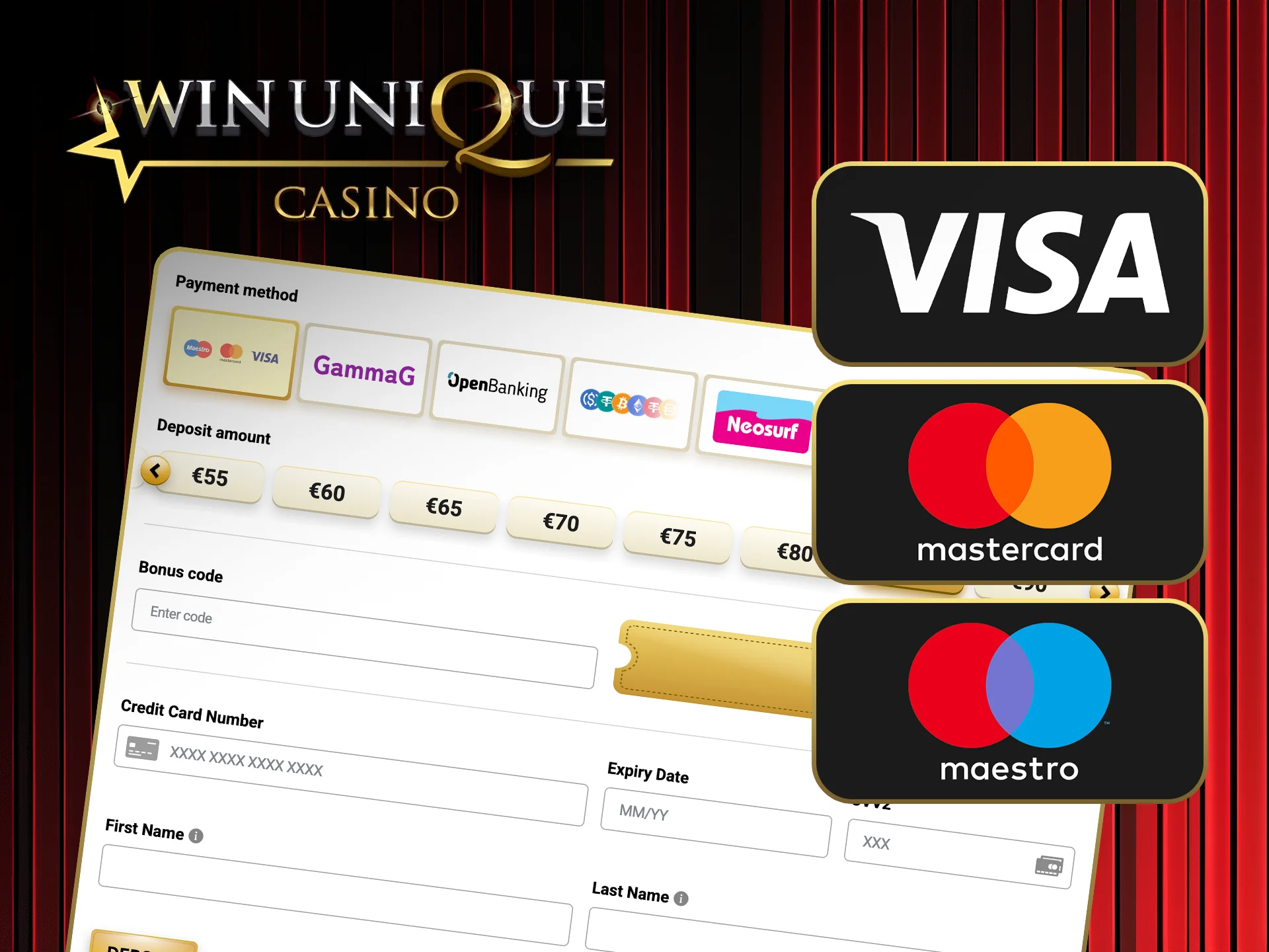 Use Visa, MasterCard, or Maestro to deposit on Win Unique Casino.