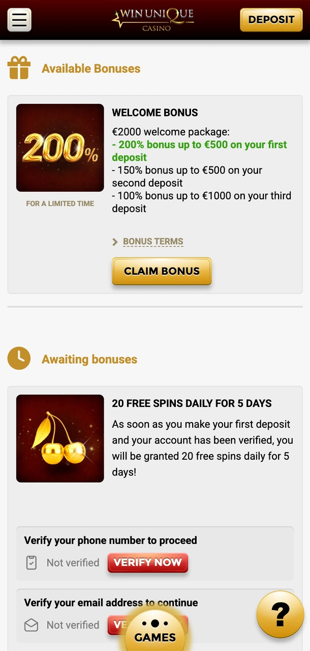 Activate your bonus at Win Unique Casino and start playing.