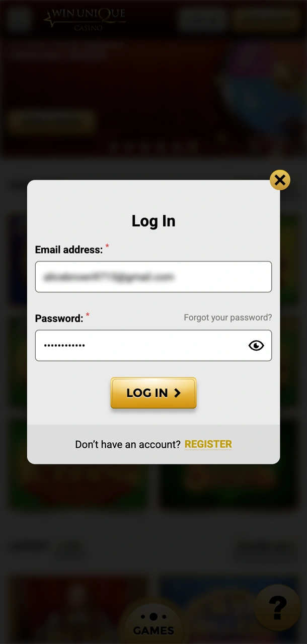 Log in to your Win Unique Casino account to top up your balance.