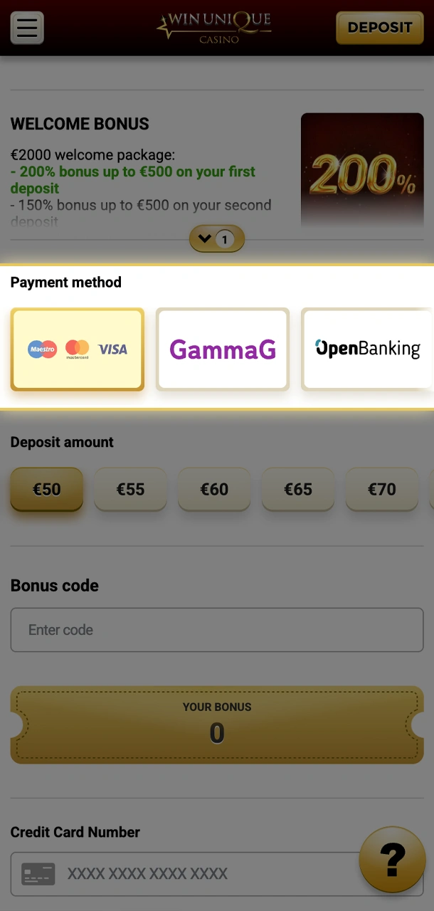 Choose a convenient deposit method on Win Unique Casino.
