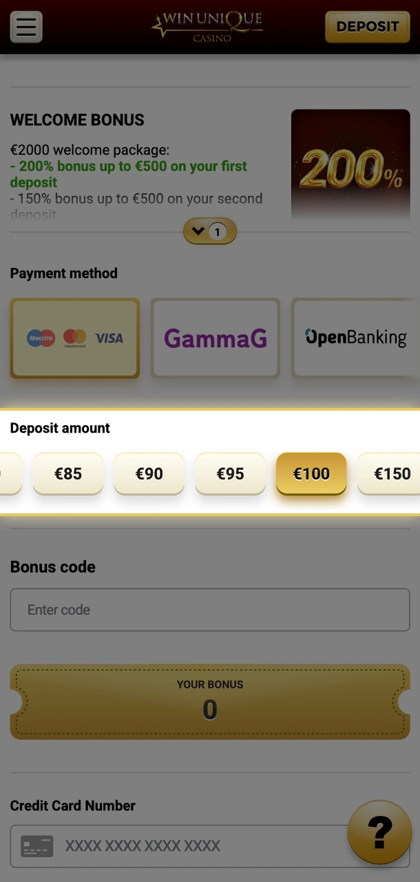 Enter the deposit amount on Win Unique Casino and proceed to payment.