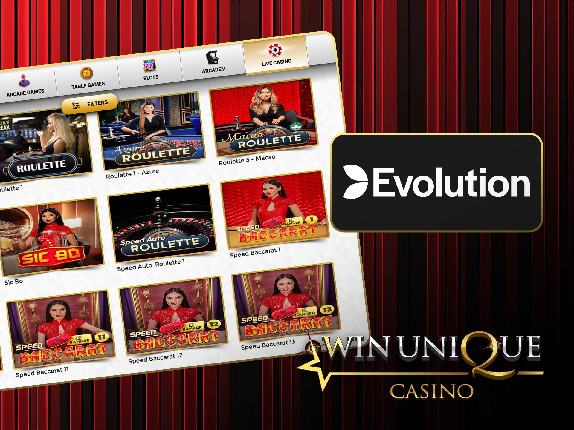 Experience premium live casino games powered by Evolution Gaming at Win Unique Casino.