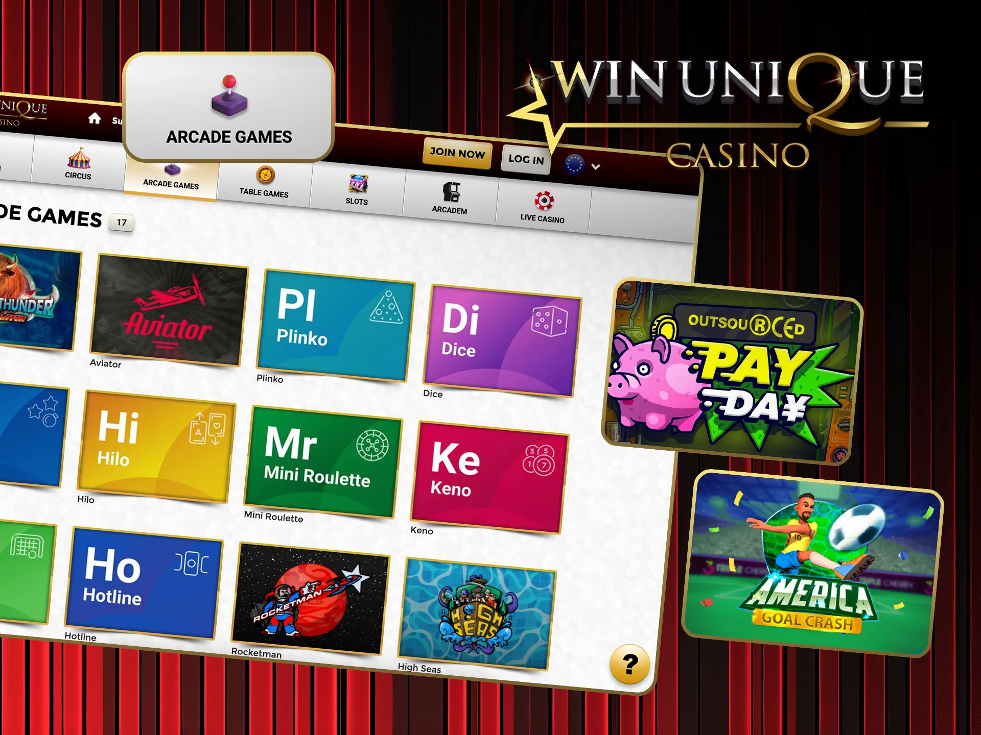 Have fun with arcade-style games at Win Unique Casino.