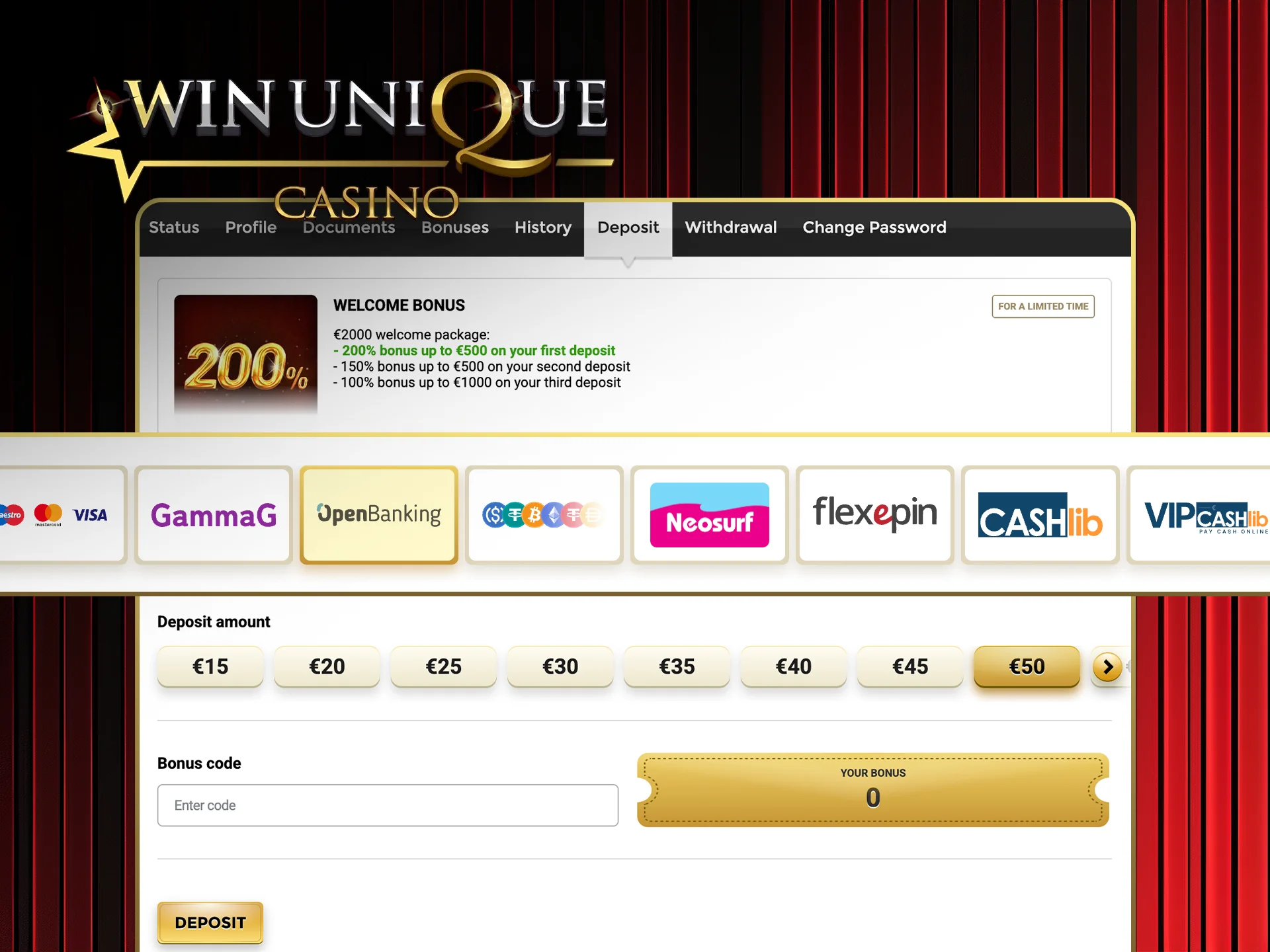 Deposit easily and start playing at Win Unique Casino.