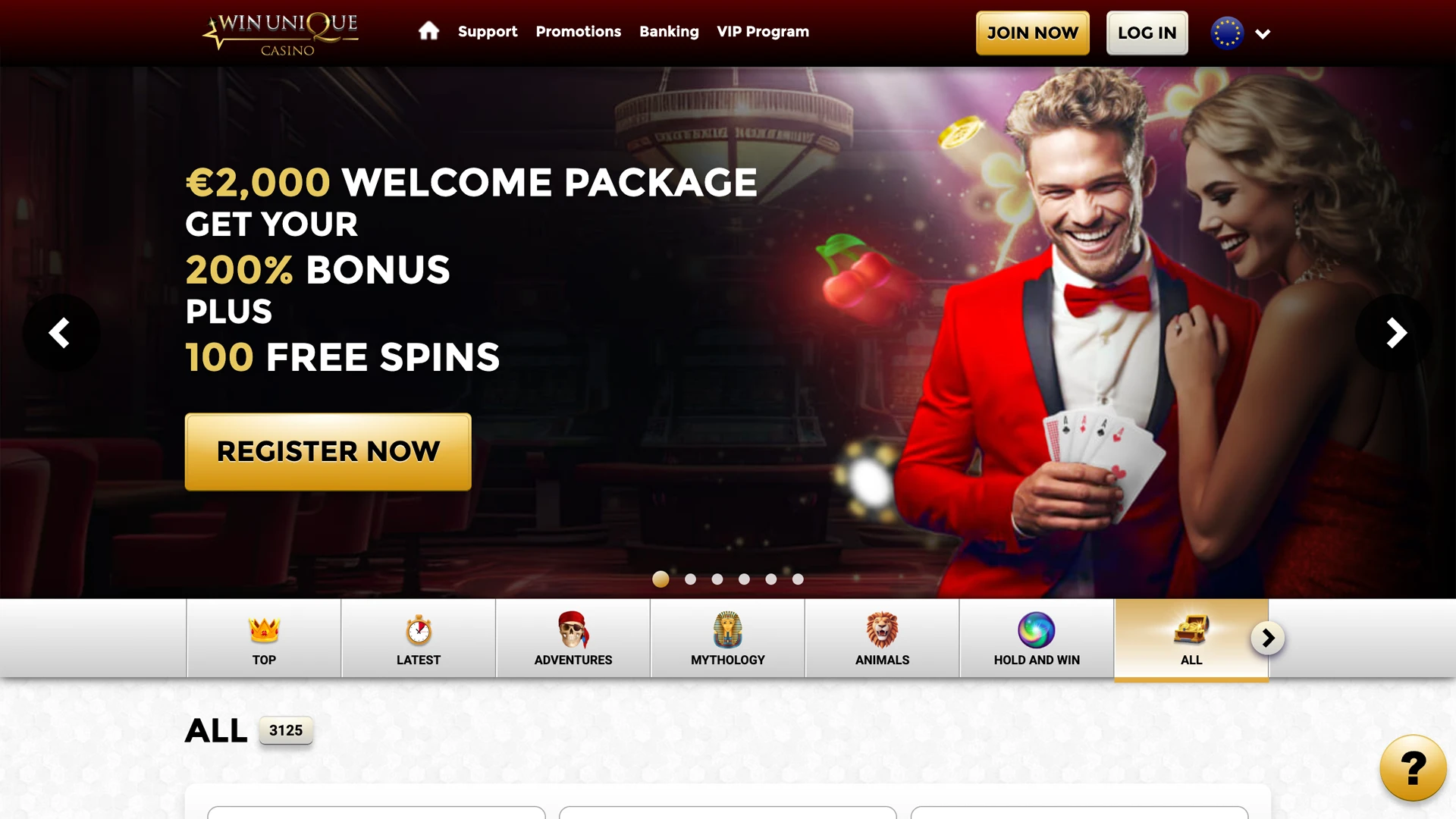 Explore the menu and games on the Win Unique Casino homepage.