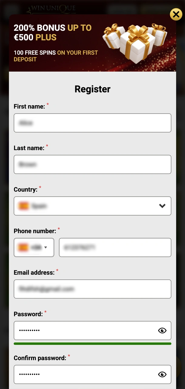 Enter your details to start playing at Win Unique Casino.