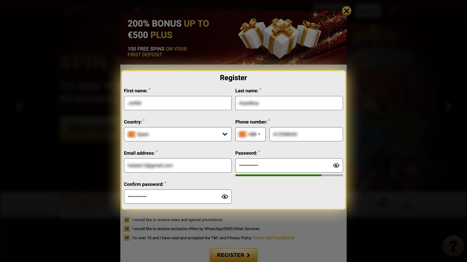 Enter your details to create an account at Win Unique Casino.