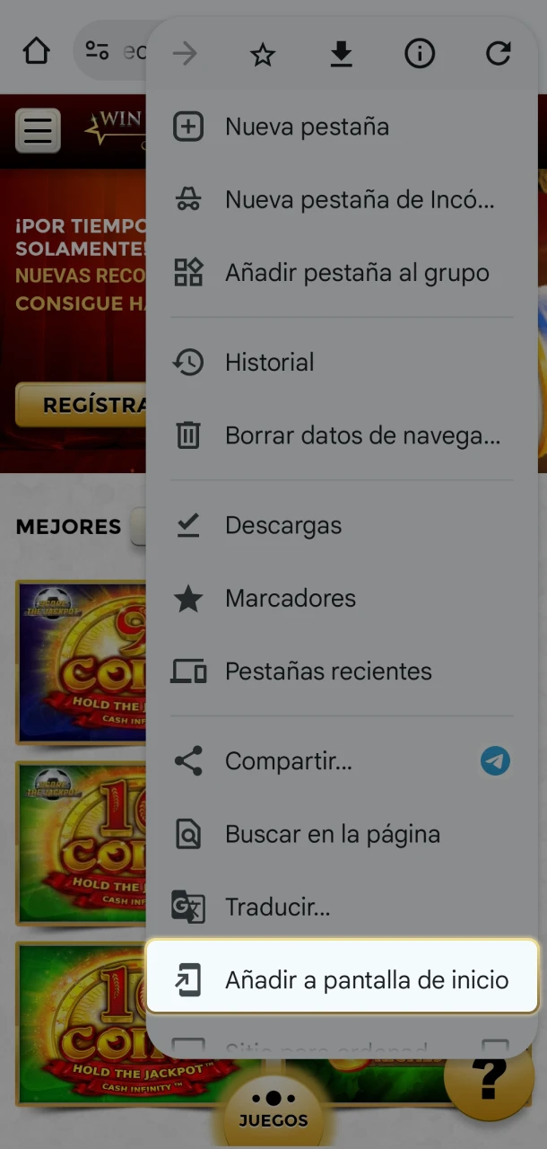 Encuentra el botón para agregar Win Unique Casino a tu pantalla de inicio de Android.