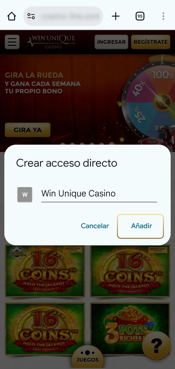 Confirme la adición de la aplicación Win Unique Casino a su dispositivo Android.