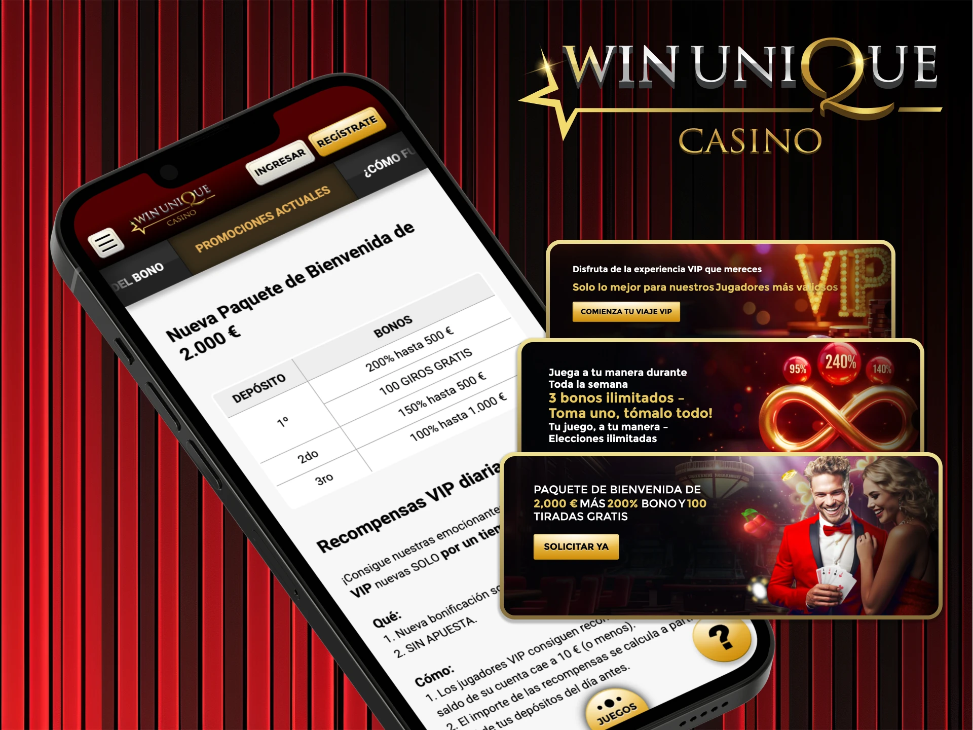 Instala la aplicación y reclama tus bonos en Win Unique Casino.