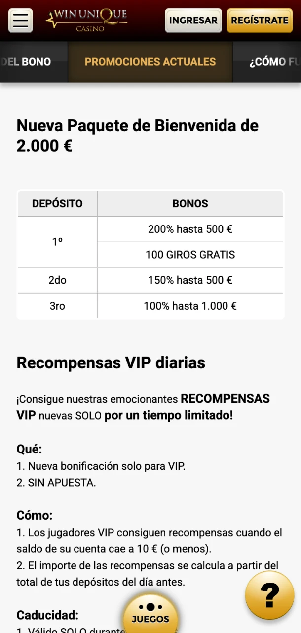 Todos los bonos de Win Unique Casino están siempre a tu alcance en la aplicación.