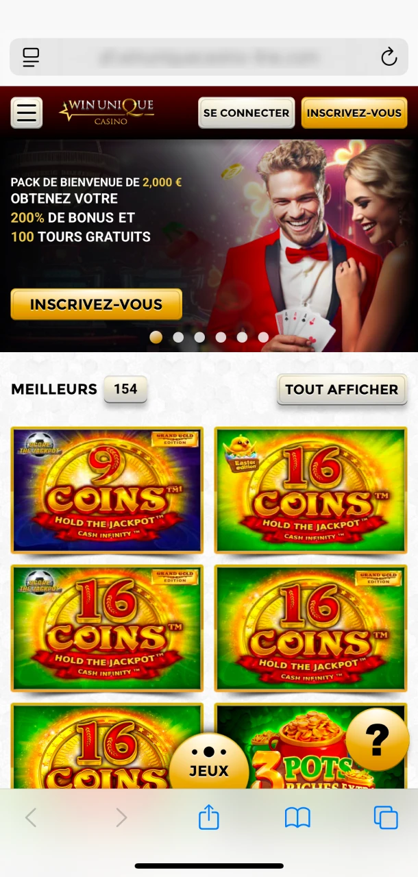 Ouvrez le site Web officiel de Win Unique Casino sur votre iPhone pour commencer l'installation.