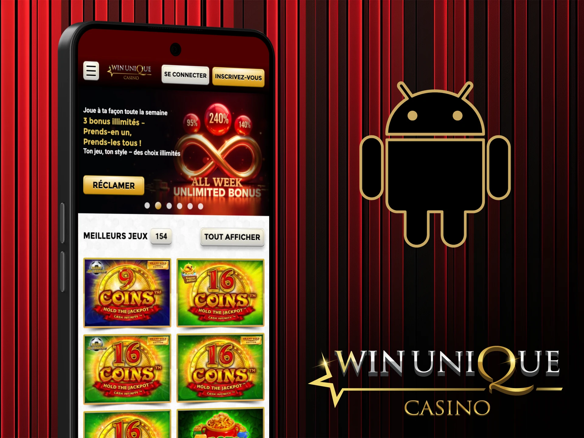Téléchargez Win Unique Casino sur votre appareil Android et commencez à gagner.