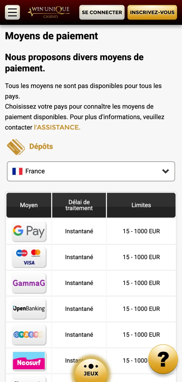 Gérez vos finances dans l'application Win Unique Casino.