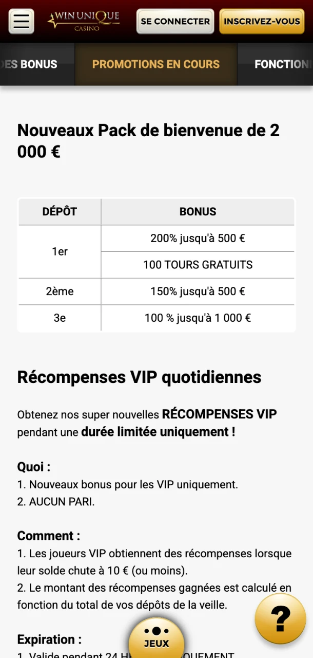 Tous les bonus du casino All Win Unique sont toujours à portée de main dans l'application.