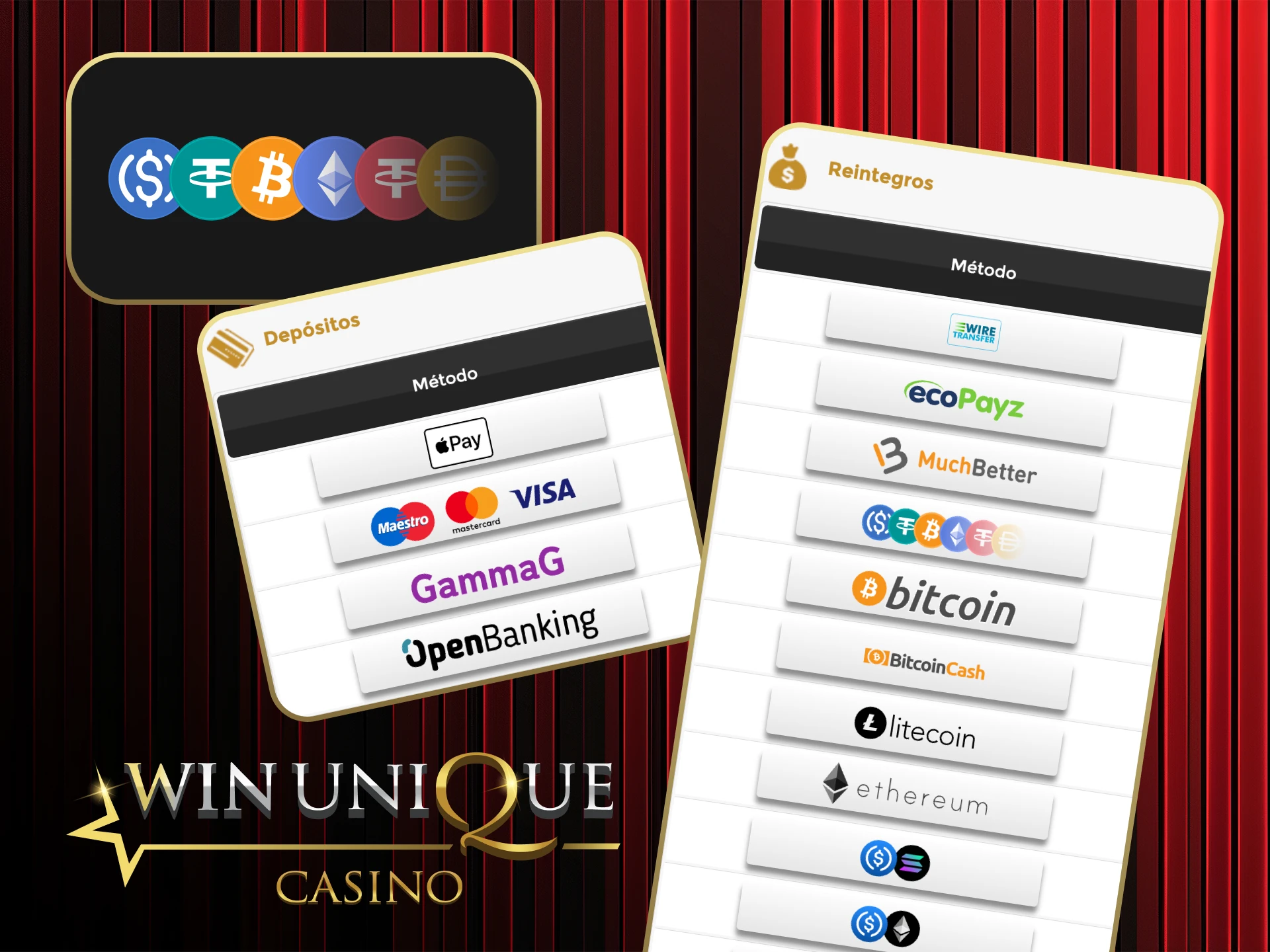 Utilice Bitcoin u otras criptomonedas en Win Unique Casino ahora.