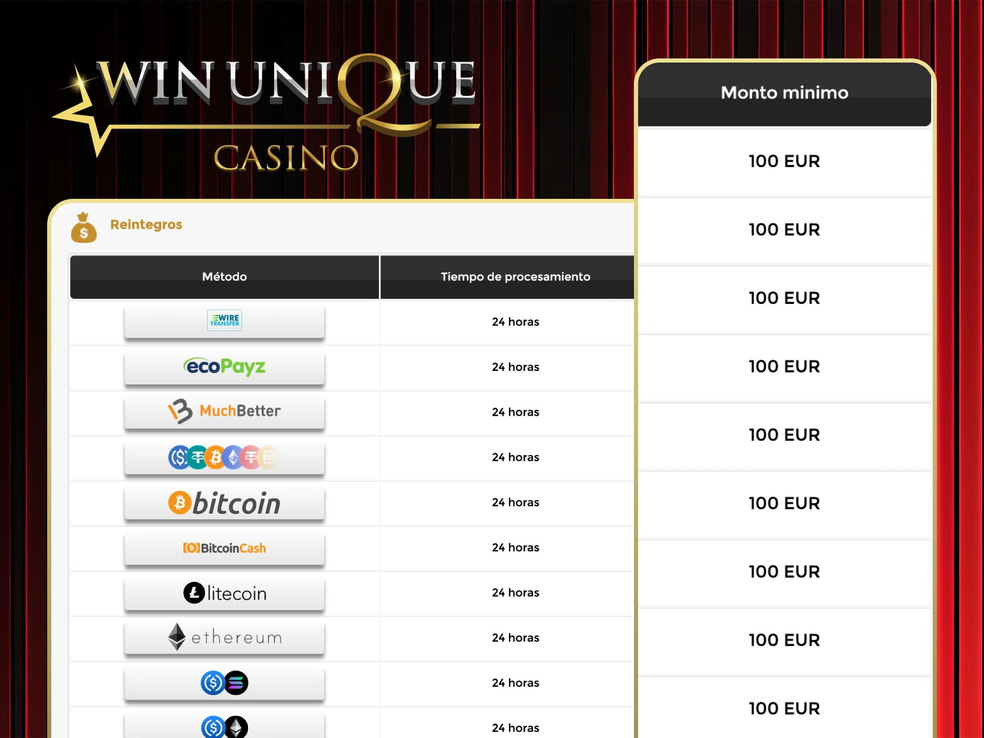 Verifique los límites de depósito y retiro antes de jugar en Win Unique Casino.