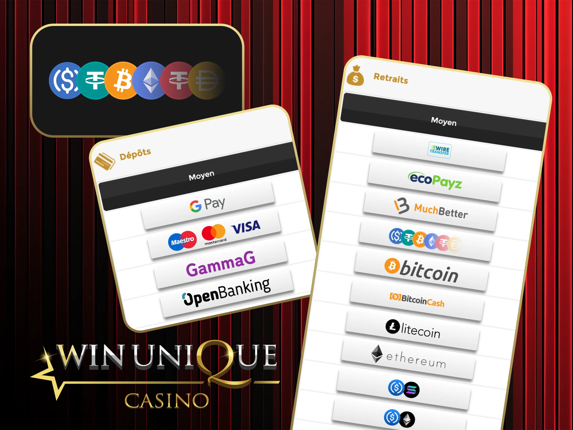 Utilisez Bitcoin ou d'autres crypto-monnaies sur Win Unique Casino maintenant.
