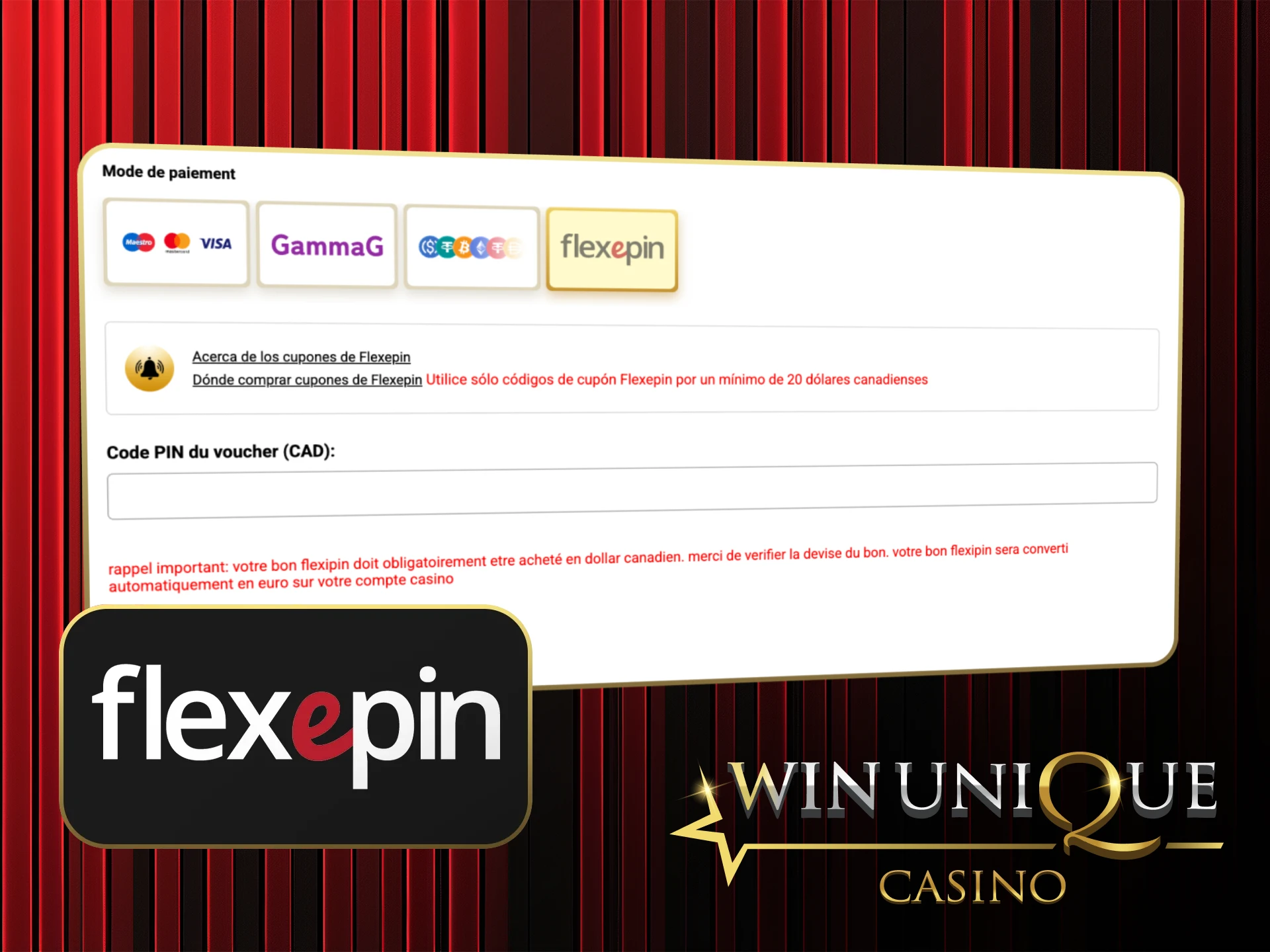 Utilisez Flexepin pour des dépôts rapides et privés sur Win Unique Casino.