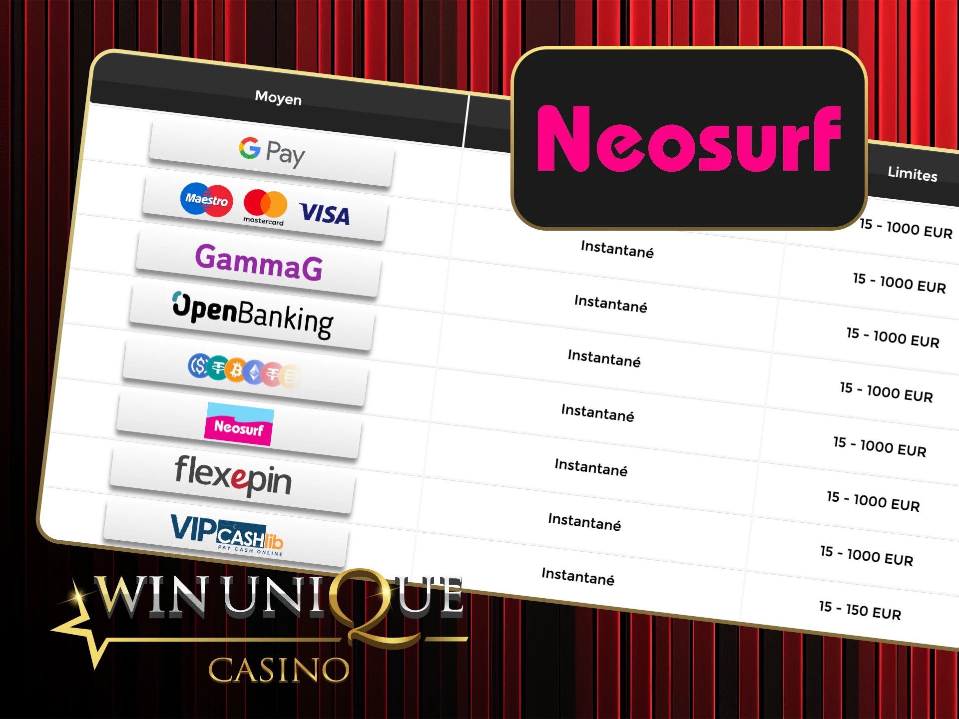 Rechargez avec Neosurf et jouez sans partager vos coordonnées bancaires sur Win Unique Casino.