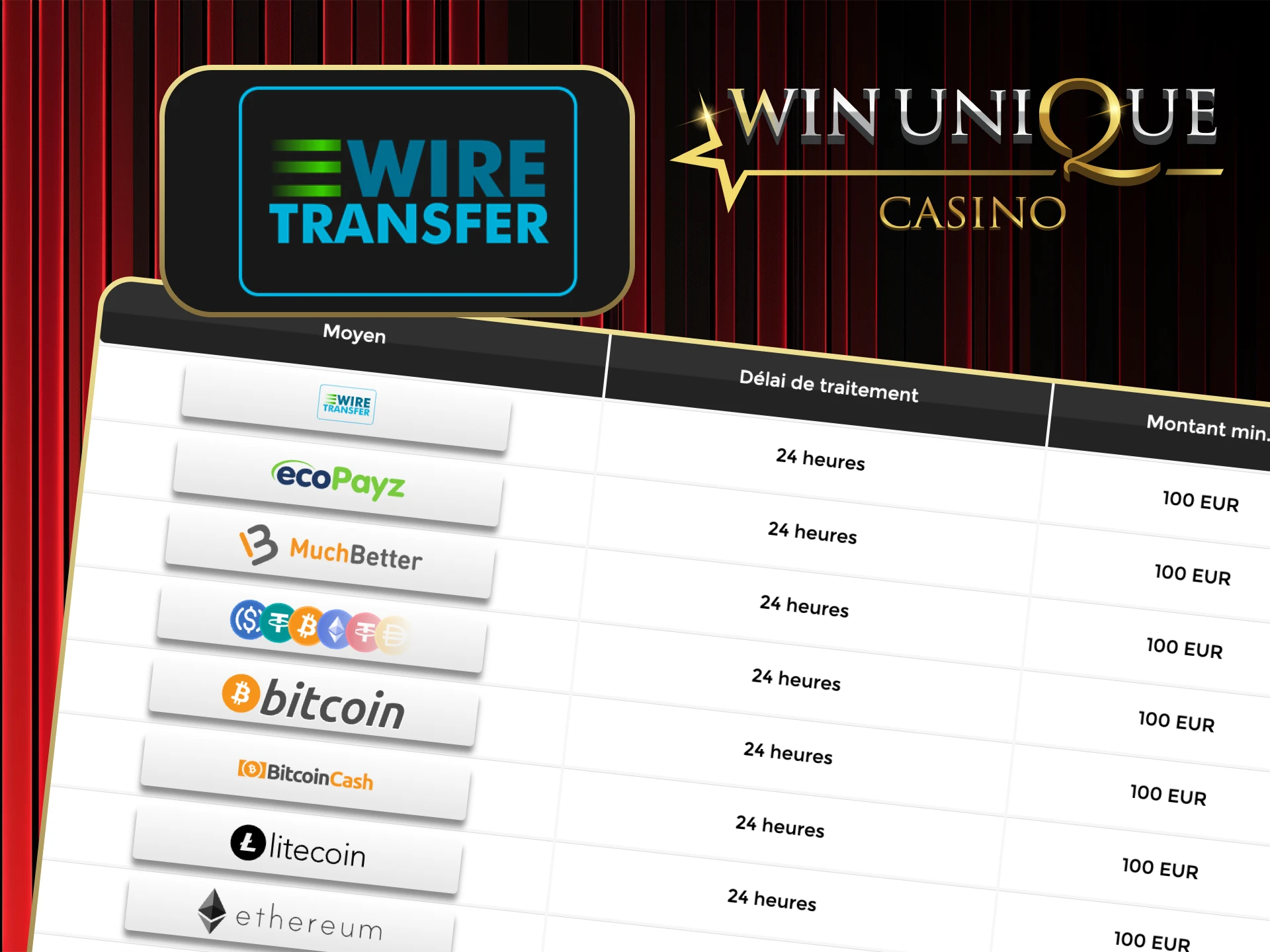 Utilisez des virements bancaires sécurisés pour retirer de l'argent du Win Unique Casino.