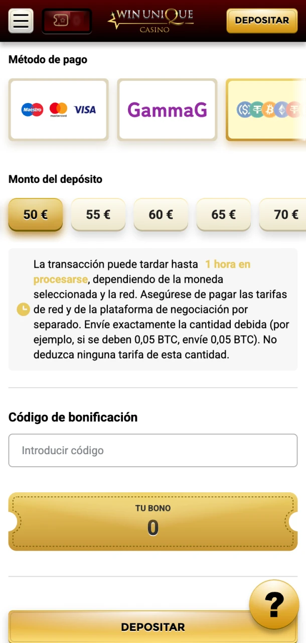 Realice su primer depósito en Win Unique Casino y reciba un bono.