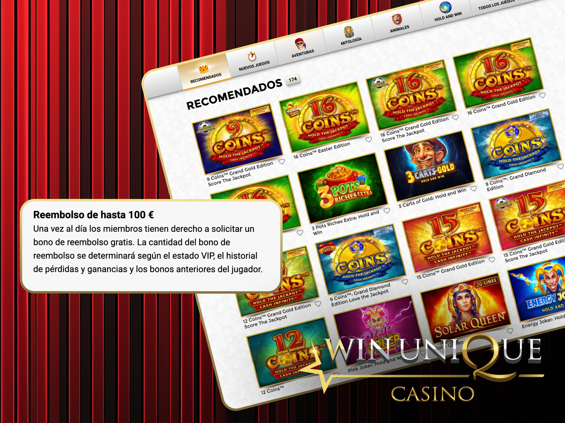 Disfrute de ofertas de devolución de dinero y obtenga un porcentaje de sus pérdidas en Win Unique Casino.
