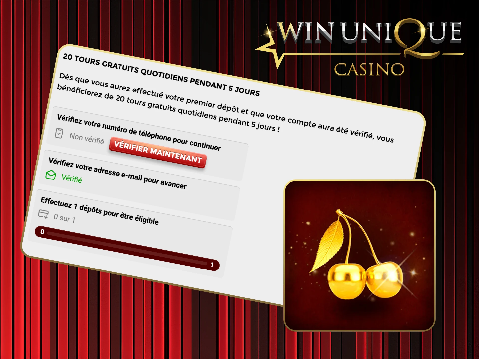 Réclamez 20 tours gratuits sur les meilleures machines à sous du Win Unique Casino maintenant.