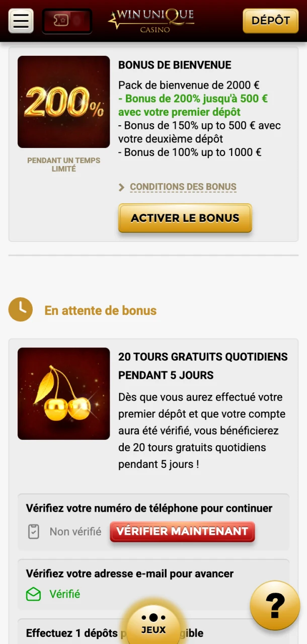 Activez votre bonus sur Win Unique Casino et commencez à jouer.