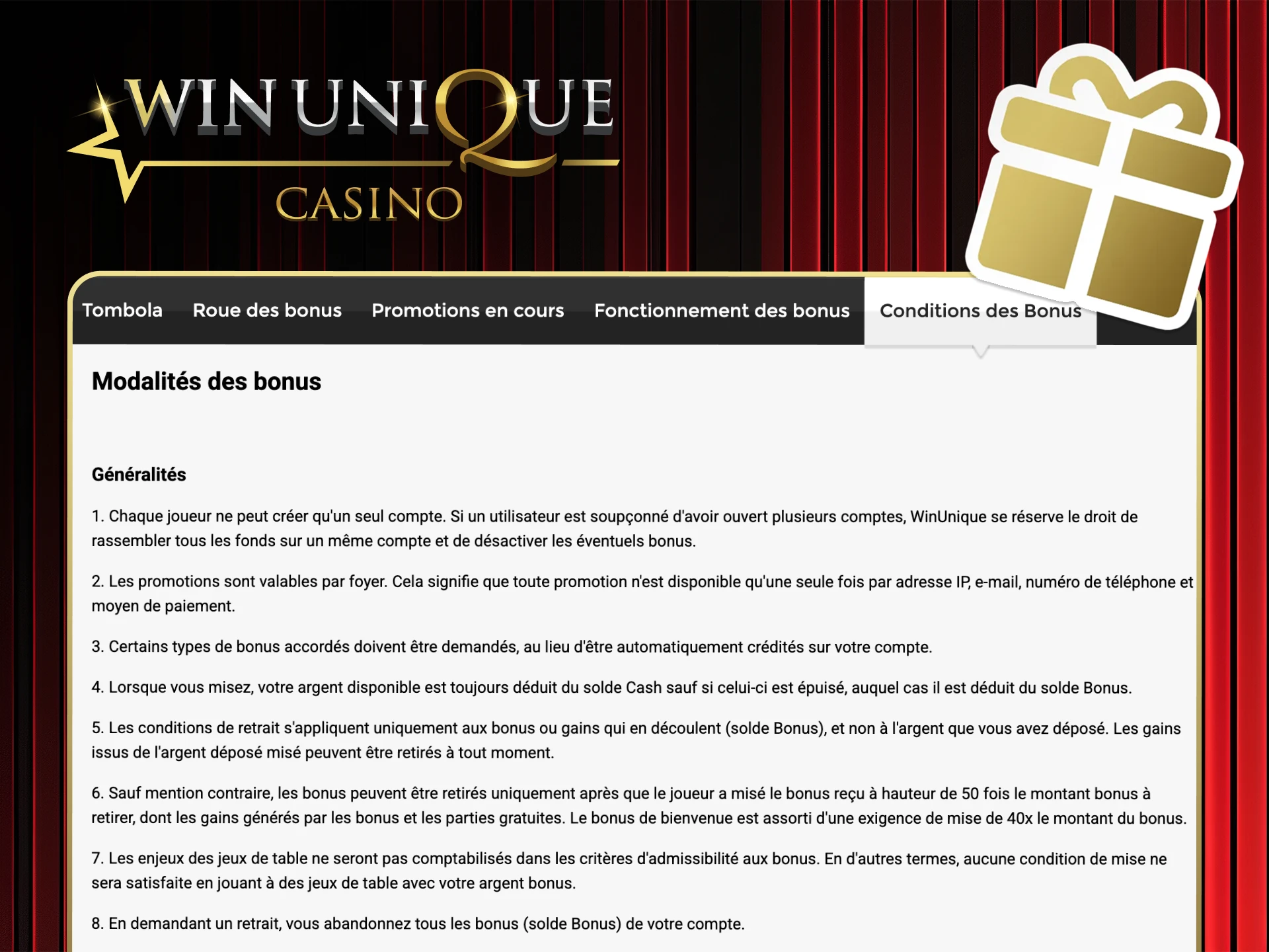 Vérifiez les conditions du bonus et les conditions de mise avant de jouer sur Win Unique Casino.