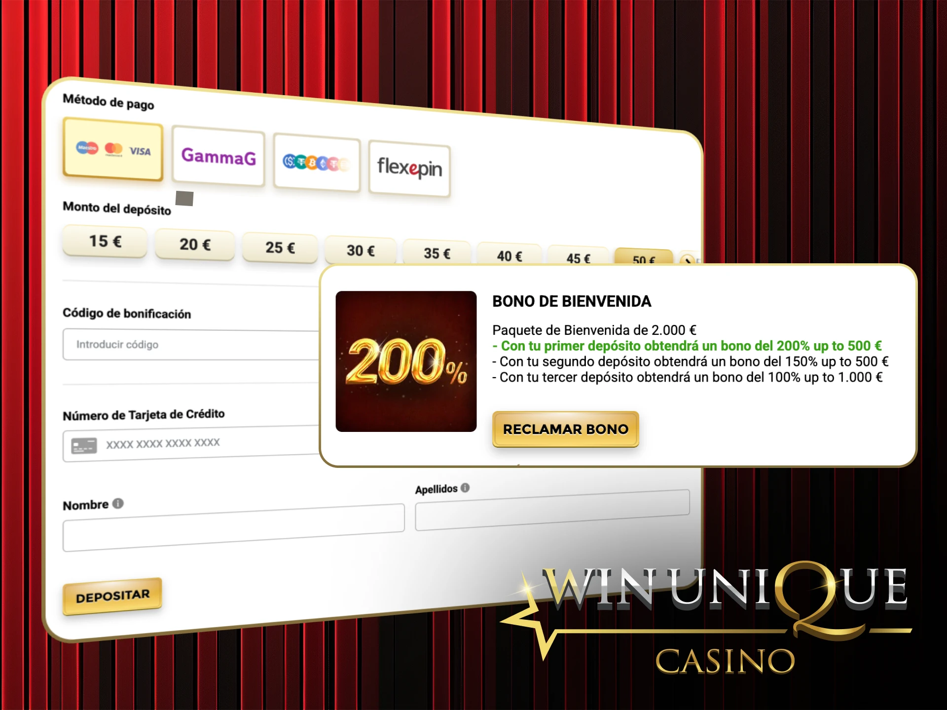 Deposite ahora y obtenga un generoso bono en su primer depósito en Win Unique Casino.