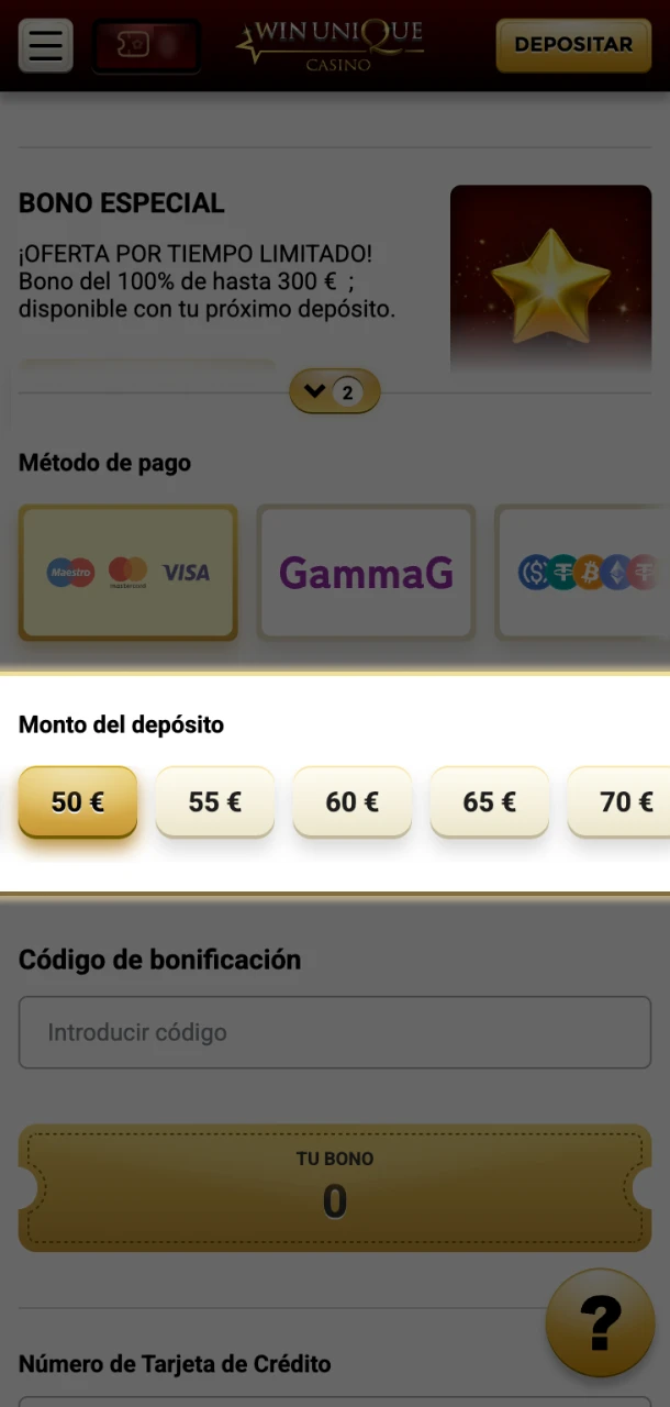 Ingrese el monto del depósito en Win Unique Casino y proceda al pago.