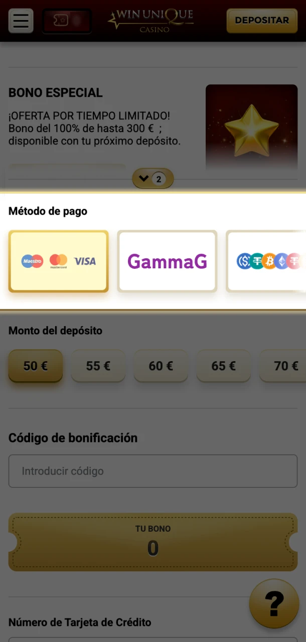 Elija un método de depósito conveniente en Win Unique Casino.