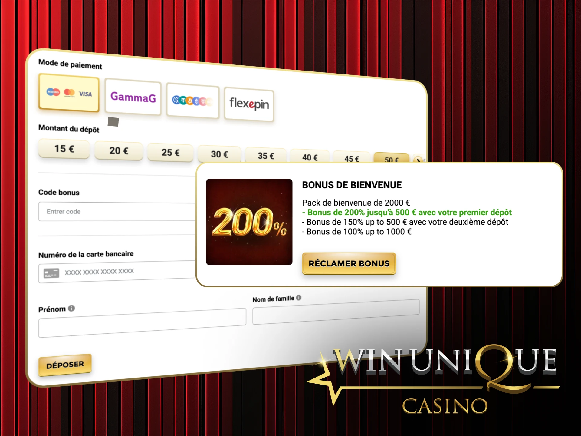 Déposez maintenant et obtenez un bonus généreux sur votre premier dépôt sur Win Unique Casino.