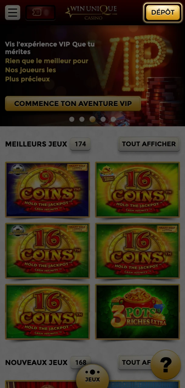 Recherchez l'onglet Dépôt sur Win Unique Casino et démarrez le processus.