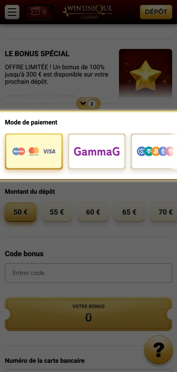 Choisissez une méthode de dépôt pratique sur Win Unique Casino.
