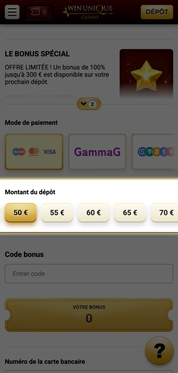 Entrez le montant du dépôt sur Win Unique Casino et procédez au paiement.