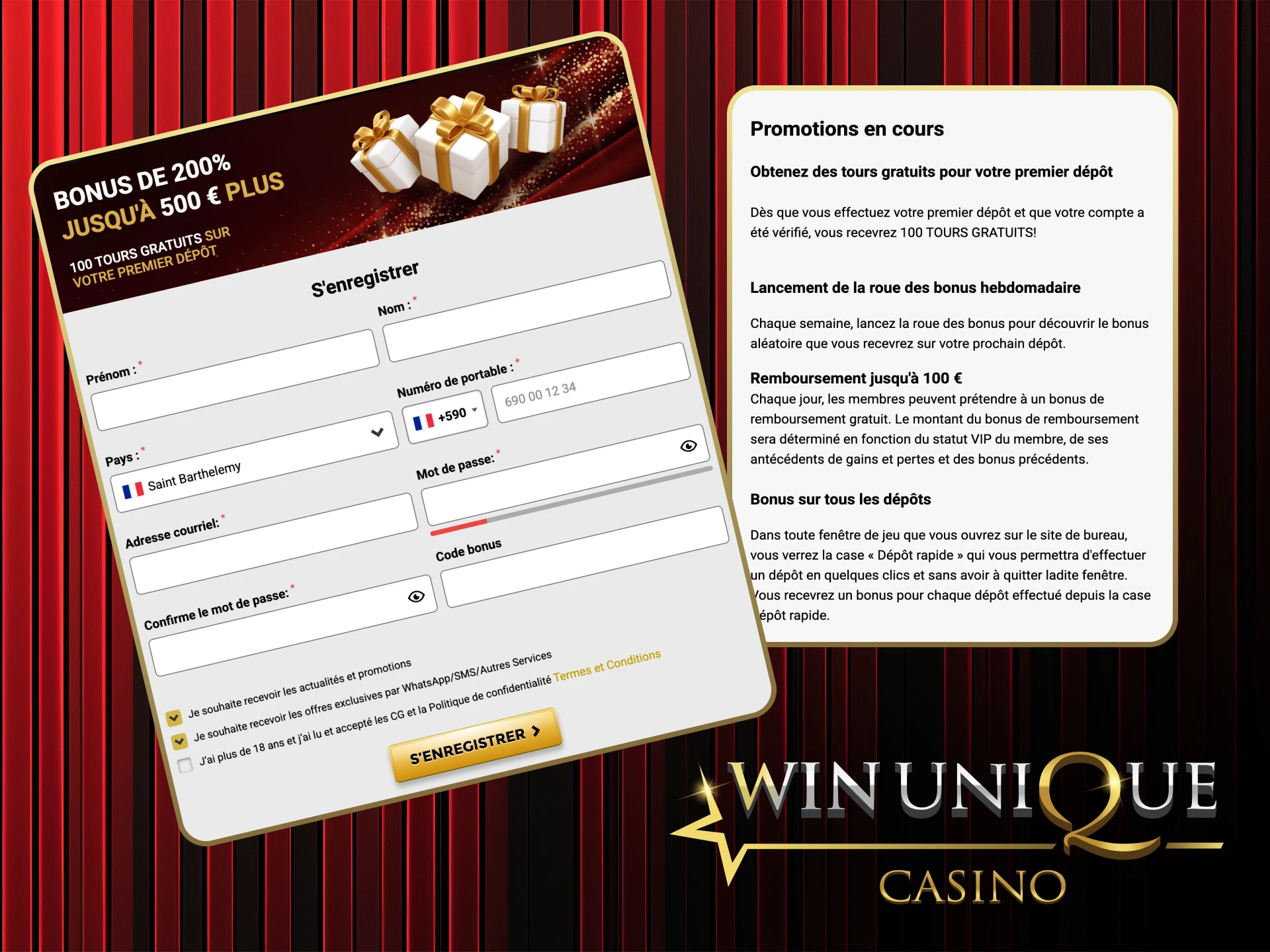 Créez votre compte Win Unique Casino et débloquez des bonus passionnants.