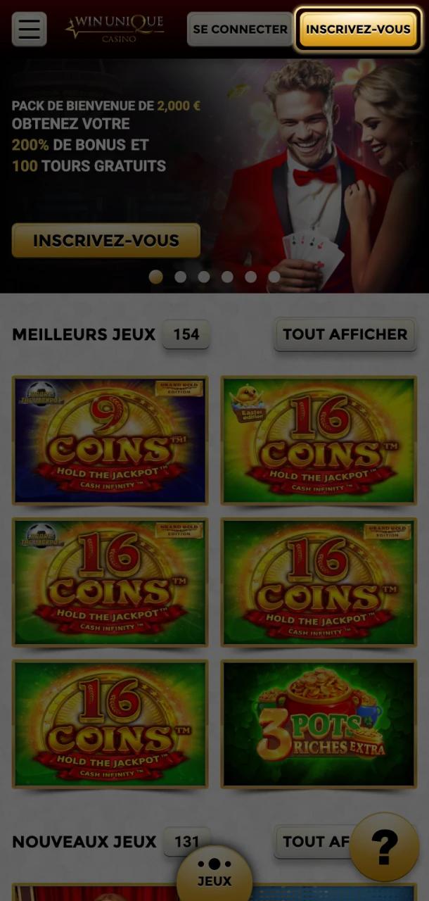 Ouvrez le formulaire d'inscription dans l'application Win Unique Casino.