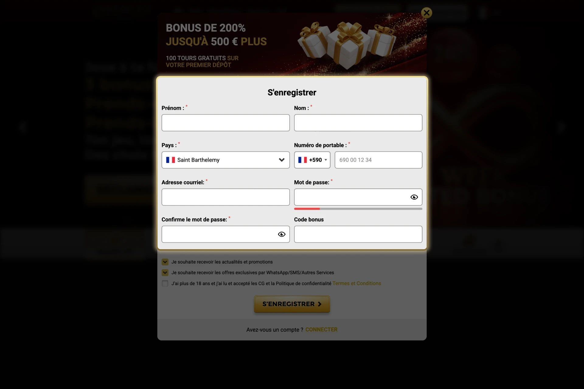 Entrez vos coordonnées pour créer un compte sur Win Unique Casino.
