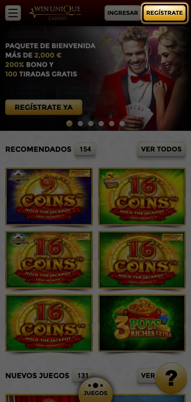 Abra el formulario de registro en la aplicación Win Unique Casino.