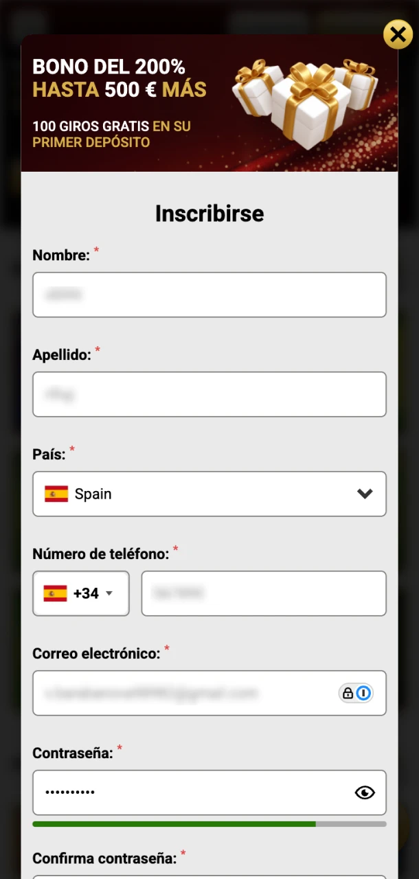 Introduce tus datos para comenzar a jugar en Win Unique Casino.