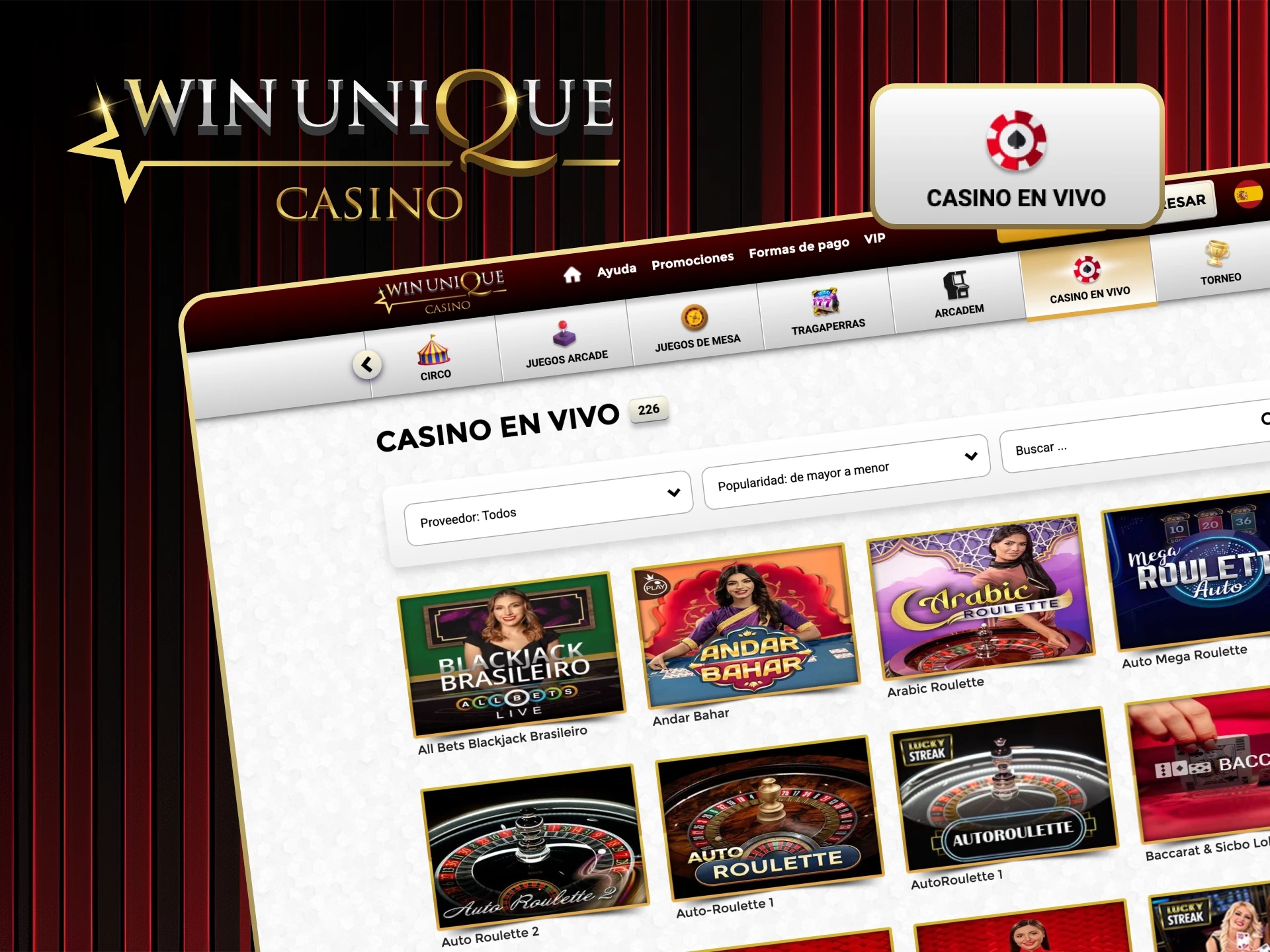 Únase a las mesas en vivo y sienta la emoción en Win Unique Casino.